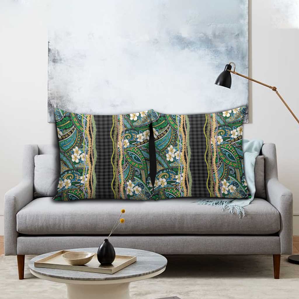Hawaiian Art Flower Tribal with Lei Pillow Cover Palaka Pattern Black Color - Polynesian Pride