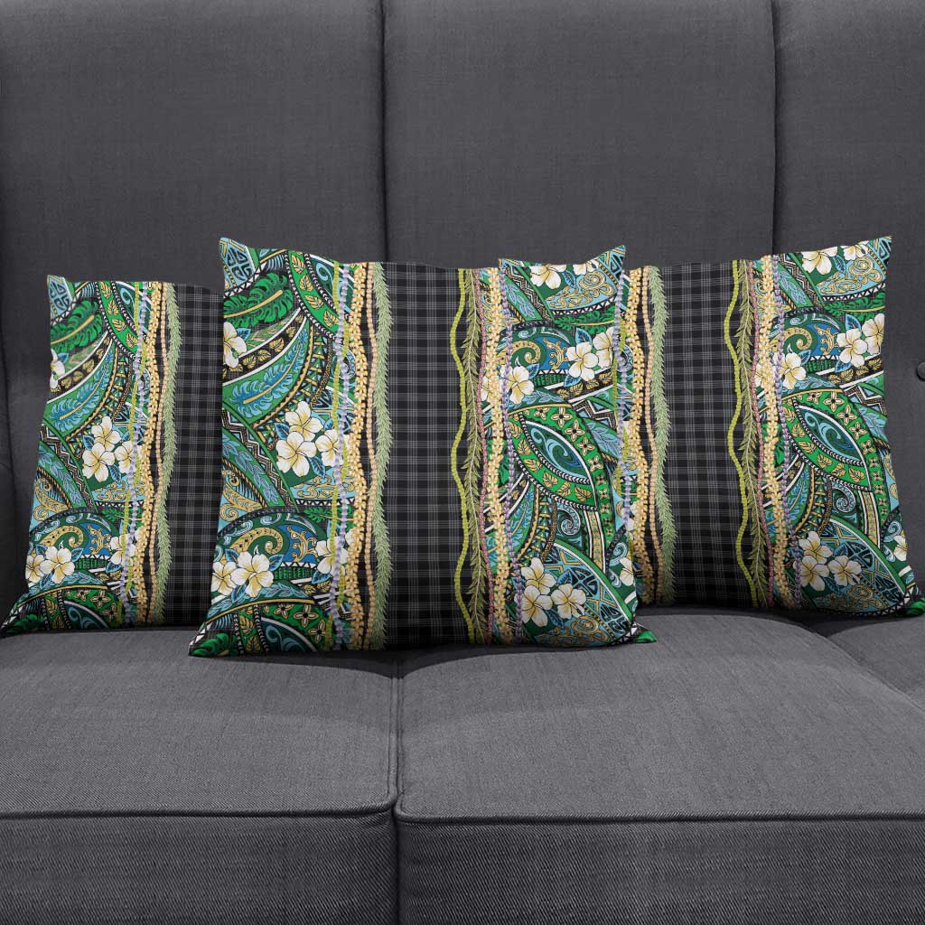 Hawaiian Art Flower Tribal with Lei Pillow Cover Palaka Pattern Black Color - Polynesian Pride