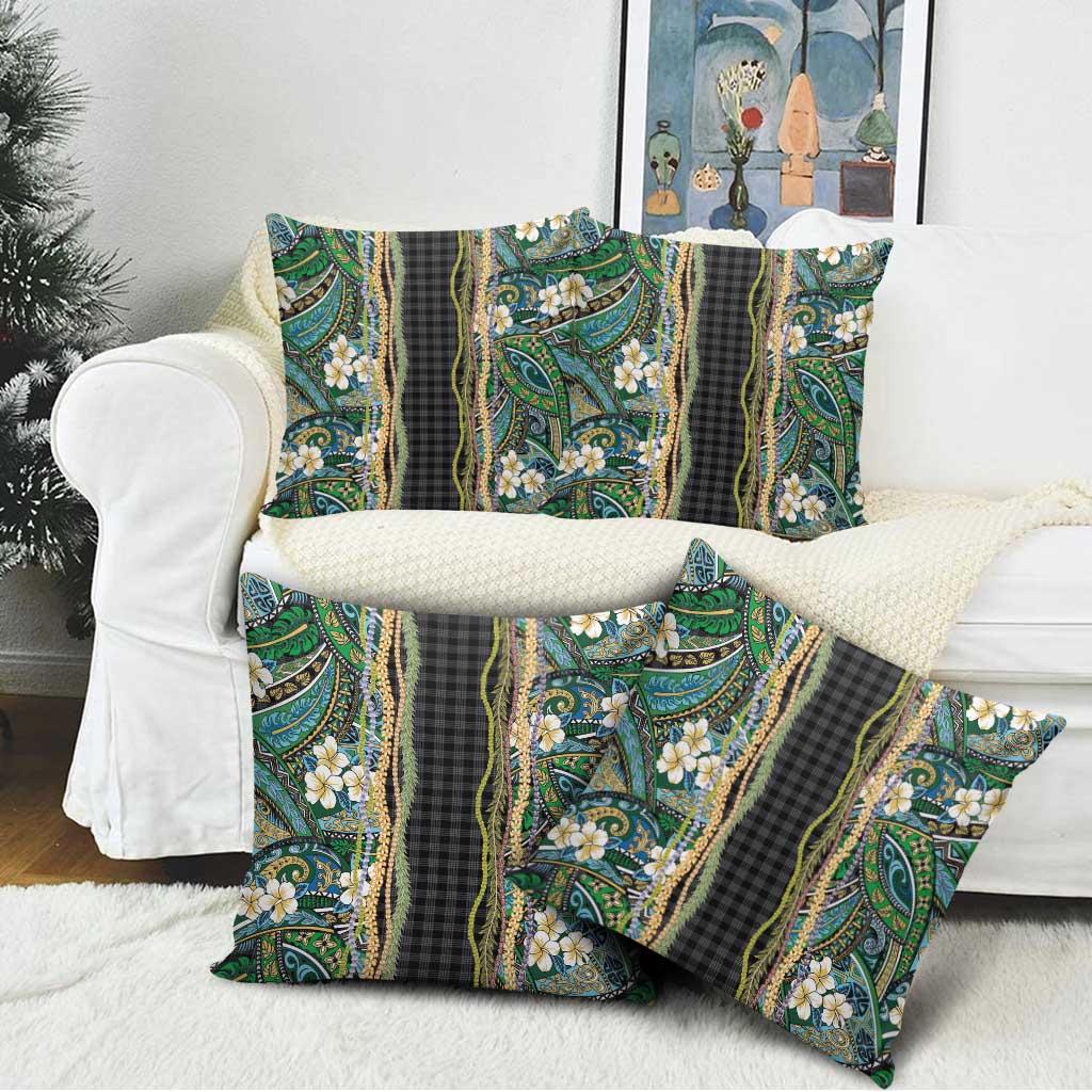 Hawaiian Art Flower Tribal with Lei Pillow Cover Palaka Pattern Black Color - Polynesian Pride