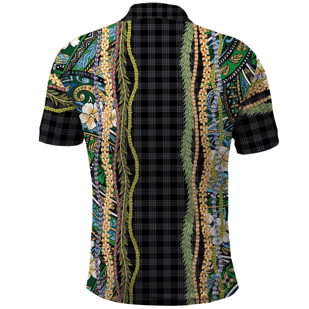 Hawaiian Art Flower Tribal with Lei Polo Shirt Palaka Pattern Black Color - Polynesian Pride