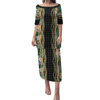 Hawaiian Art Flower Tribal with Lei Puletasi Palaka Pattern Black Color LT03 Long Dress Black - Polynesian Pride