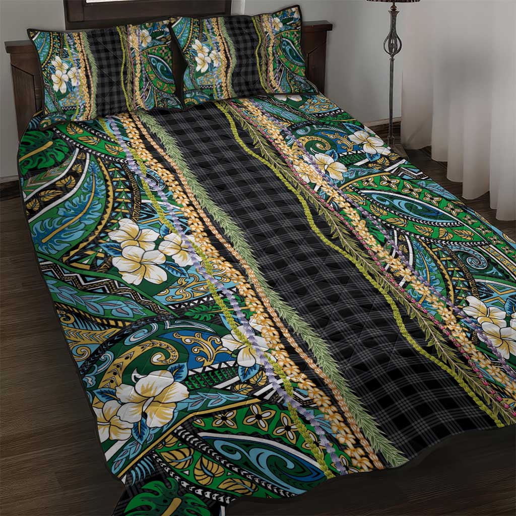 Hawaiian Art Flower Tribal with Lei Quilt Bed Set Palaka Pattern Black Color - Polynesian Pride