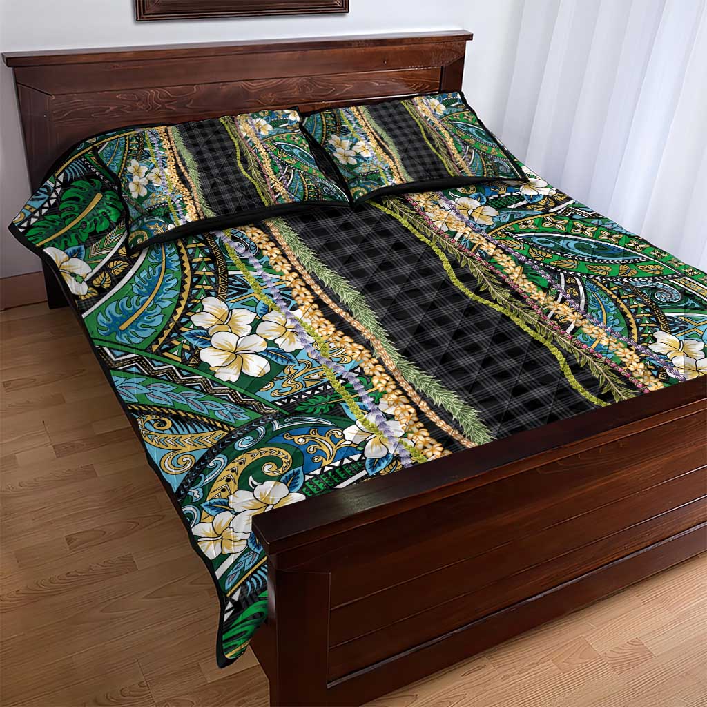 Hawaiian Art Flower Tribal with Lei Quilt Bed Set Palaka Pattern Black Color - Polynesian Pride