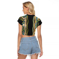 Hawaiian Art Flower Tribal with Lei Raglan Cropped T Shirt Palaka Pattern Black Color LT03 - Polynesian Pride