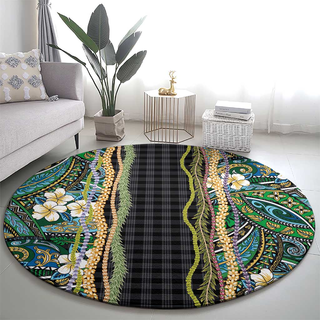 Hawaiian Art Flower Tribal with Lei Round Carpet Palaka Pattern Black Color - Polynesian Pride