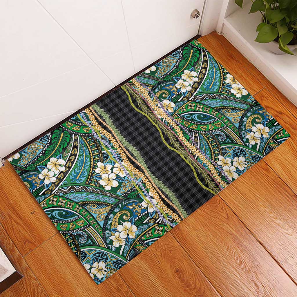 Hawaiian Art Flower Tribal with Lei Rubber Doormat Palaka Pattern Black Color LT03 - Polynesian Pride