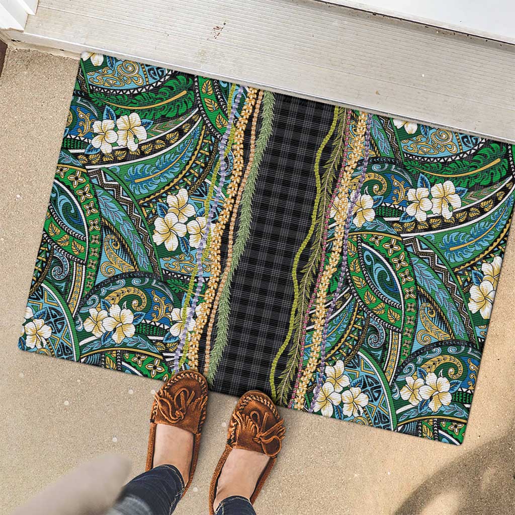 Hawaiian Art Flower Tribal with Lei Rubber Doormat Palaka Pattern Black Color LT03 - Polynesian Pride