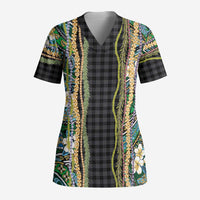 Hawaiian Art Flower Tribal with Lei Scrub Top Palaka Pattern Black Color LT03 Adult Black - Polynesian Pride