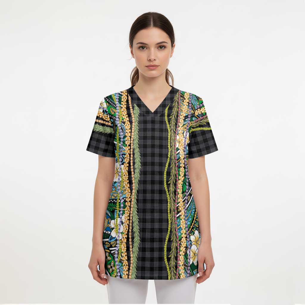 Hawaiian Art Flower Tribal with Lei Scrub Top Palaka Pattern Black Color LT03 - Polynesian Pride