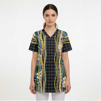 Hawaiian Art Flower Tribal with Lei Scrub Top Palaka Pattern Black Color LT03 - Polynesian Pride