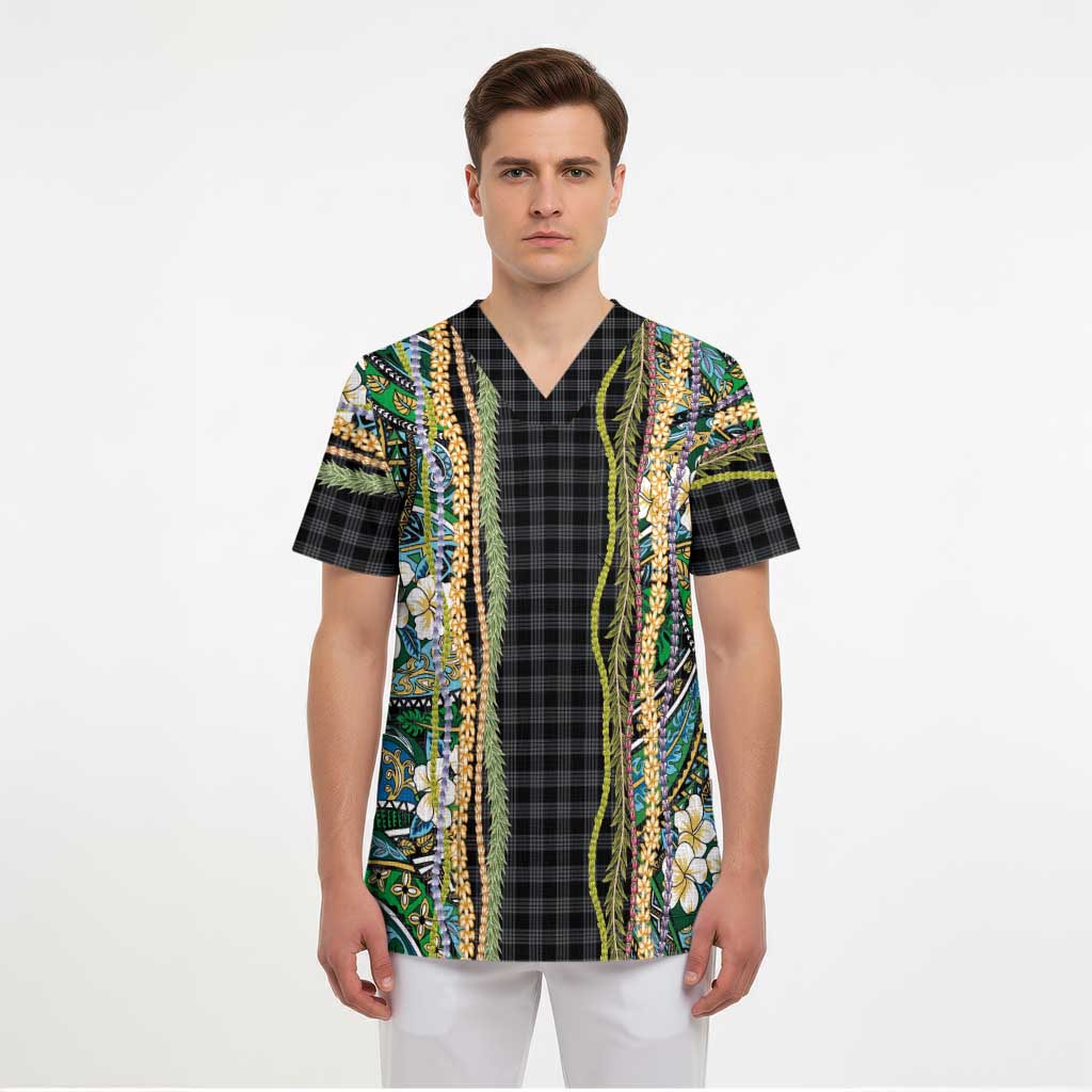 Hawaiian Art Flower Tribal with Lei Scrub Top Palaka Pattern Black Color LT03 - Polynesian Pride
