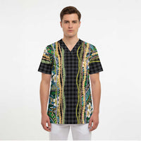Hawaiian Art Flower Tribal with Lei Scrub Top Palaka Pattern Black Color LT03 - Polynesian Pride