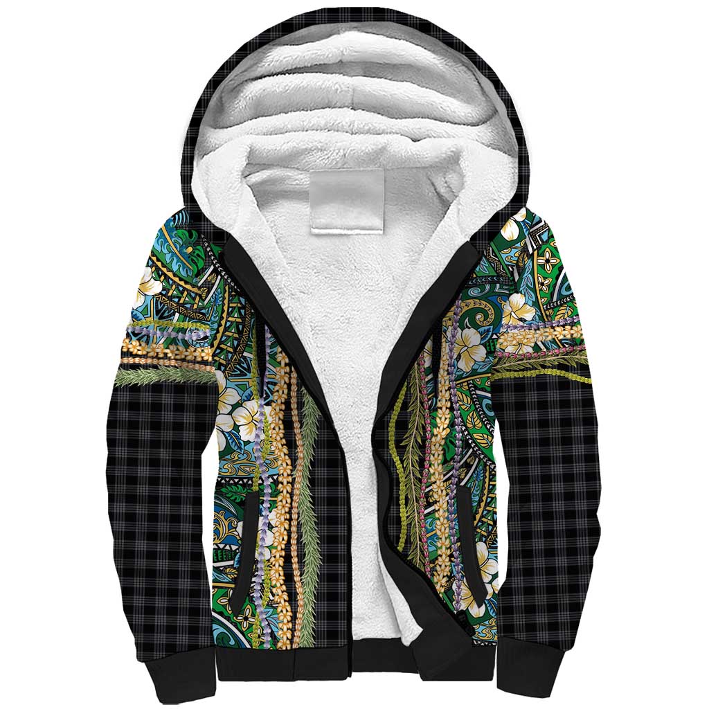 Hawaiian Art Flower Tribal with Lei Sherpa Hoodie Palaka Pattern Black Color - Polynesian Pride