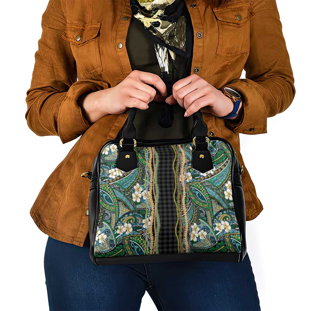 Hawaiian Art Flower Tribal with Lei Shoulder Handbag Palaka Pattern Black Color LT03 - Polynesian Pride