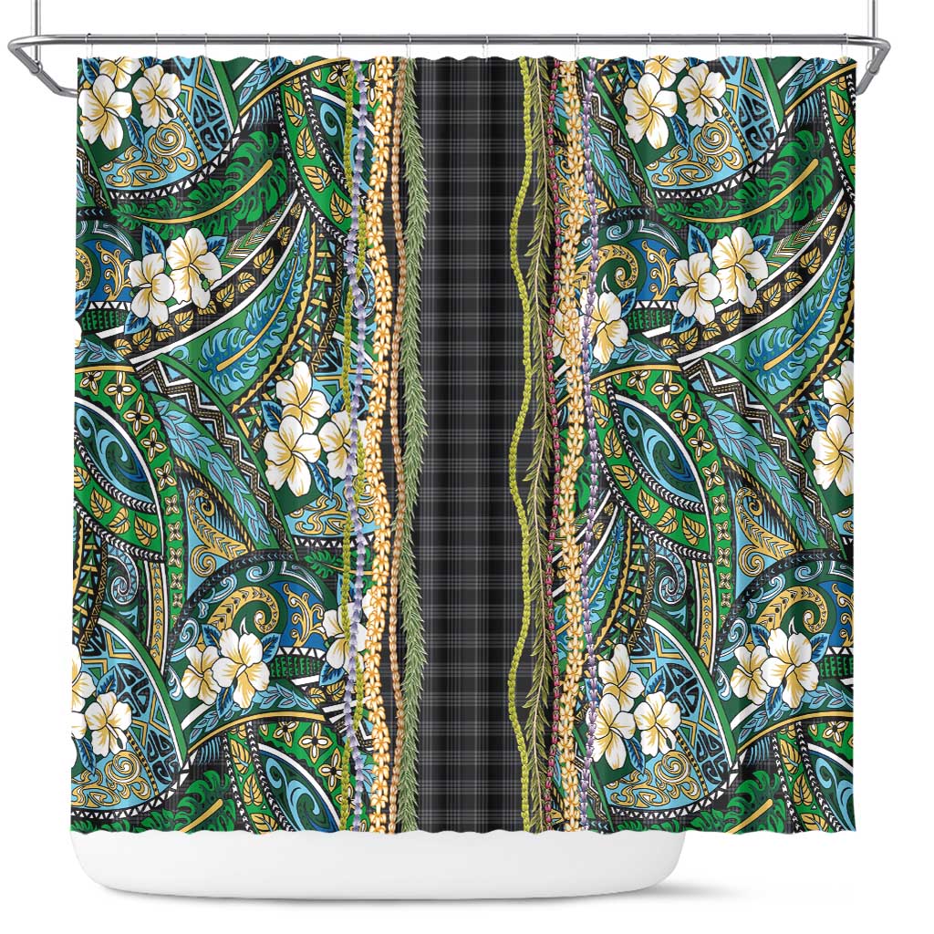Hawaiian Art Flower Tribal with Lei Shower Curtain Palaka Pattern Black Color - Polynesian Pride