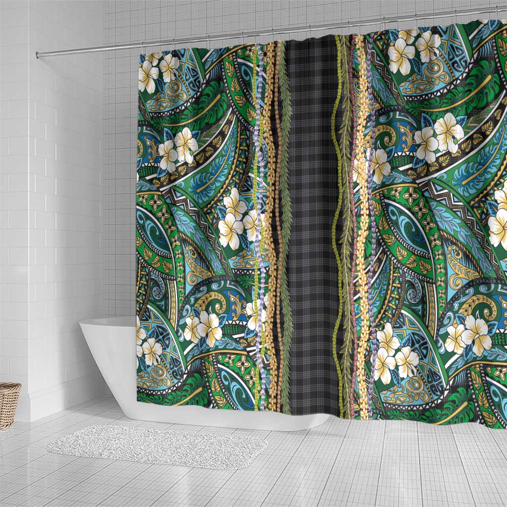 Hawaiian Art Flower Tribal with Lei Shower Curtain Palaka Pattern Black Color - Polynesian Pride