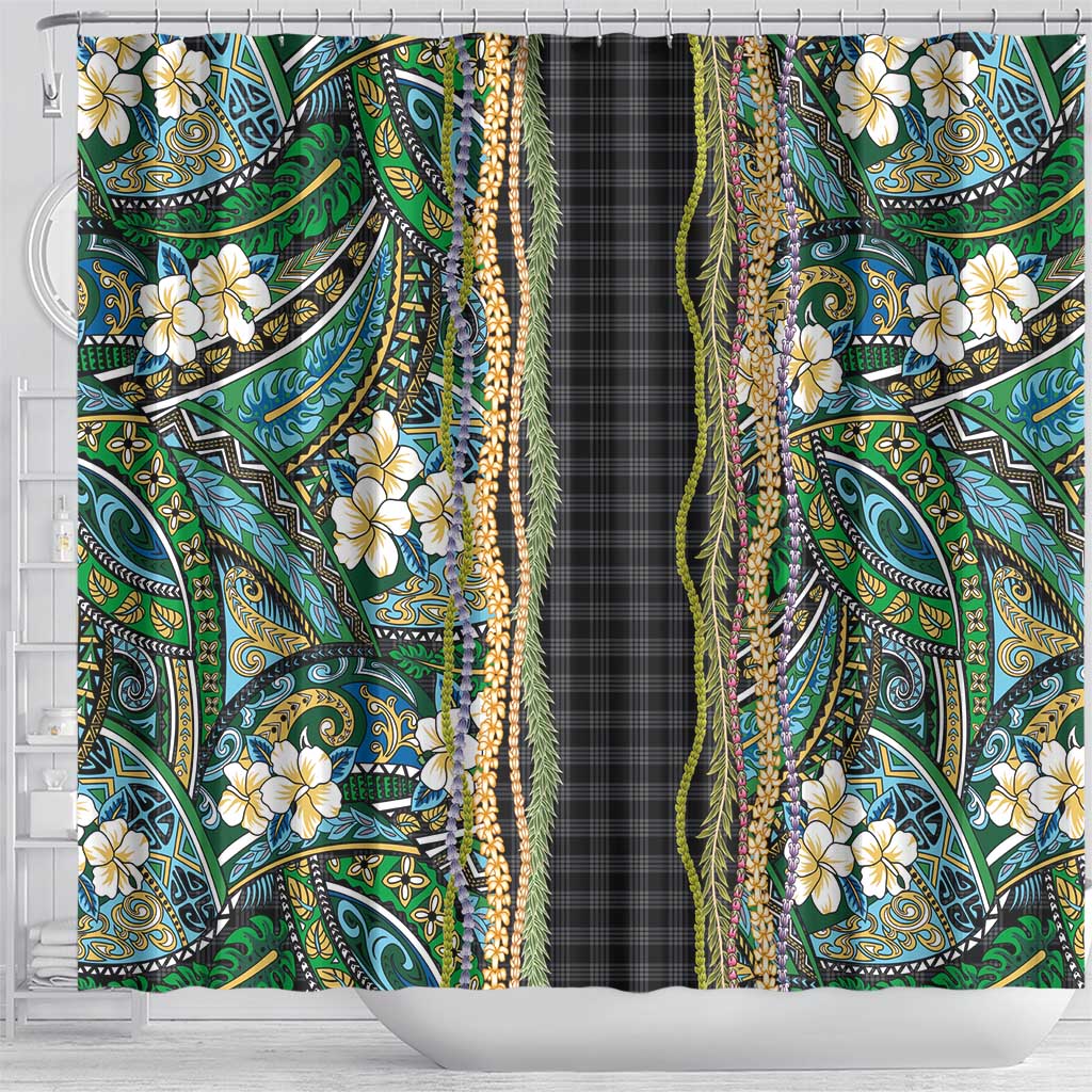 Hawaiian Art Flower Tribal with Lei Shower Curtain Palaka Pattern Black Color - Polynesian Pride