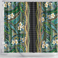 Hawaiian Art Flower Tribal with Lei Shower Curtain Palaka Pattern Black Color - Polynesian Pride