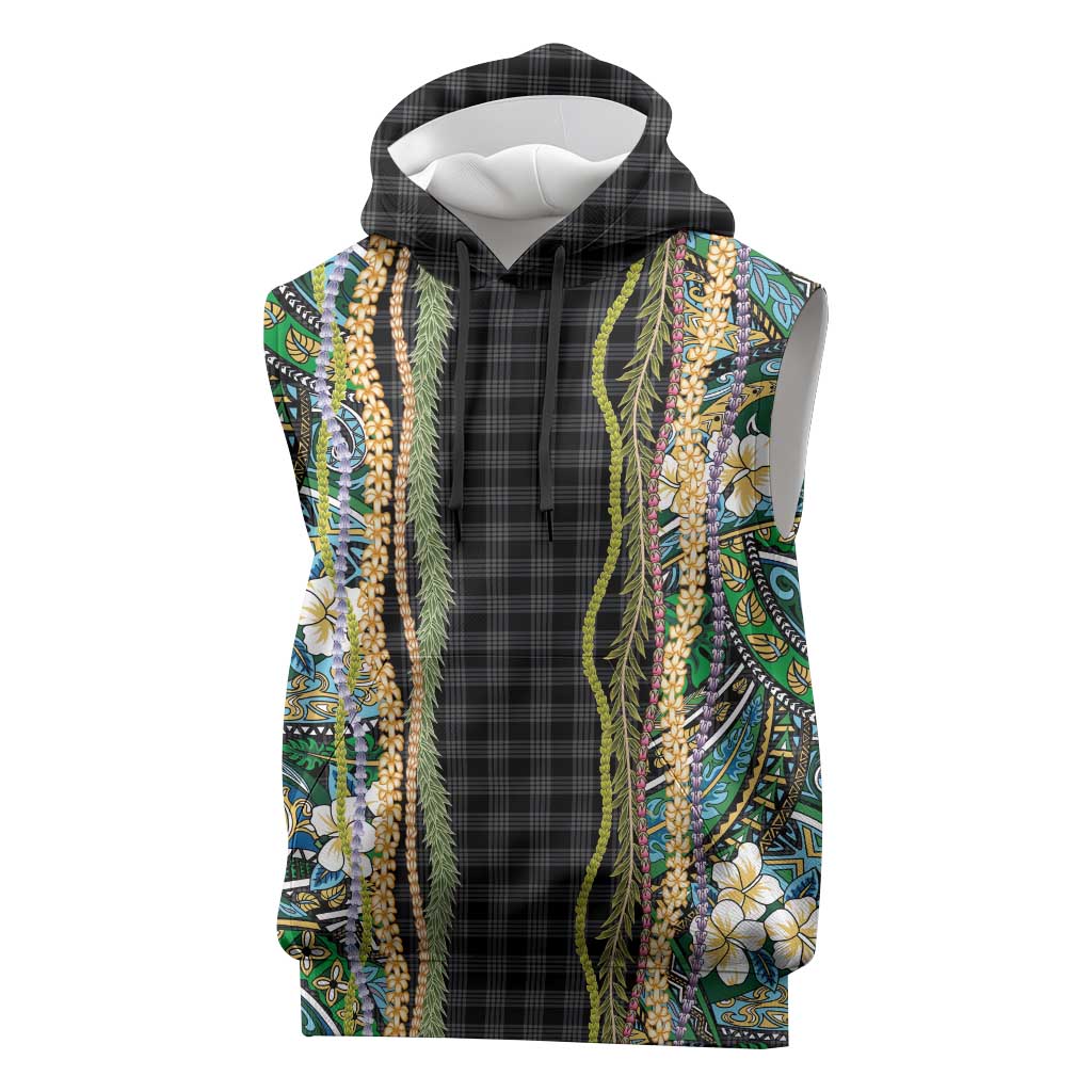 Hawaiian Art Flower Tribal with Lei Sleeveless Hoodie Palaka Pattern Black Color LT03 Black - Polynesian Pride