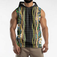 Hawaiian Art Flower Tribal with Lei Sleeveless Hoodie Palaka Pattern Black Color - Polynesian Pride