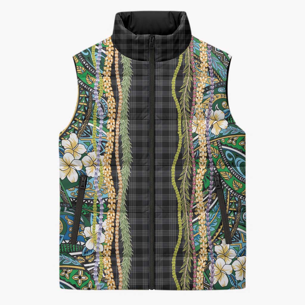 Hawaiian Art Flower Tribal with Lei Sleeveless Puffer Jacket Palaka Pattern Black Color LT03 Unisex Black - Polynesian Pride