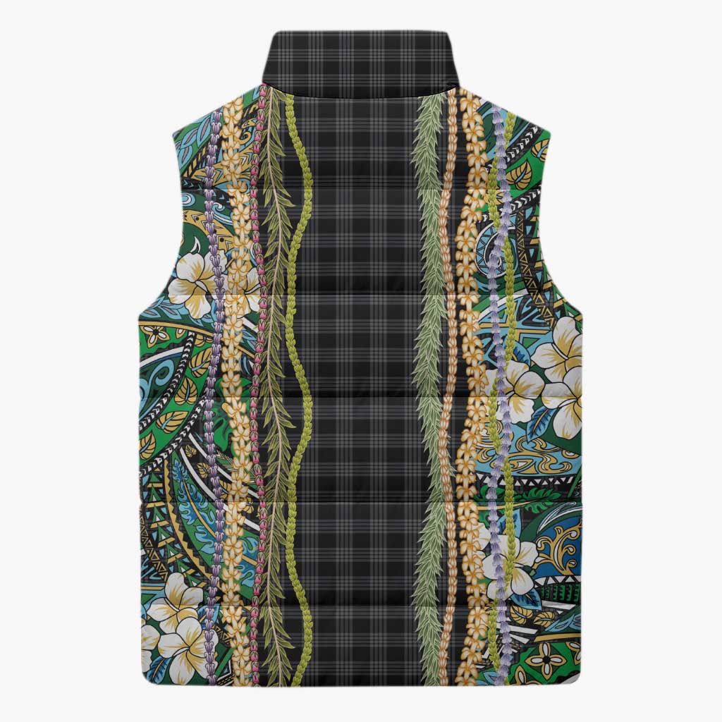 Hawaiian Art Flower Tribal with Lei Sleeveless Puffer Jacket Palaka Pattern Black Color LT03 - Polynesian Pride