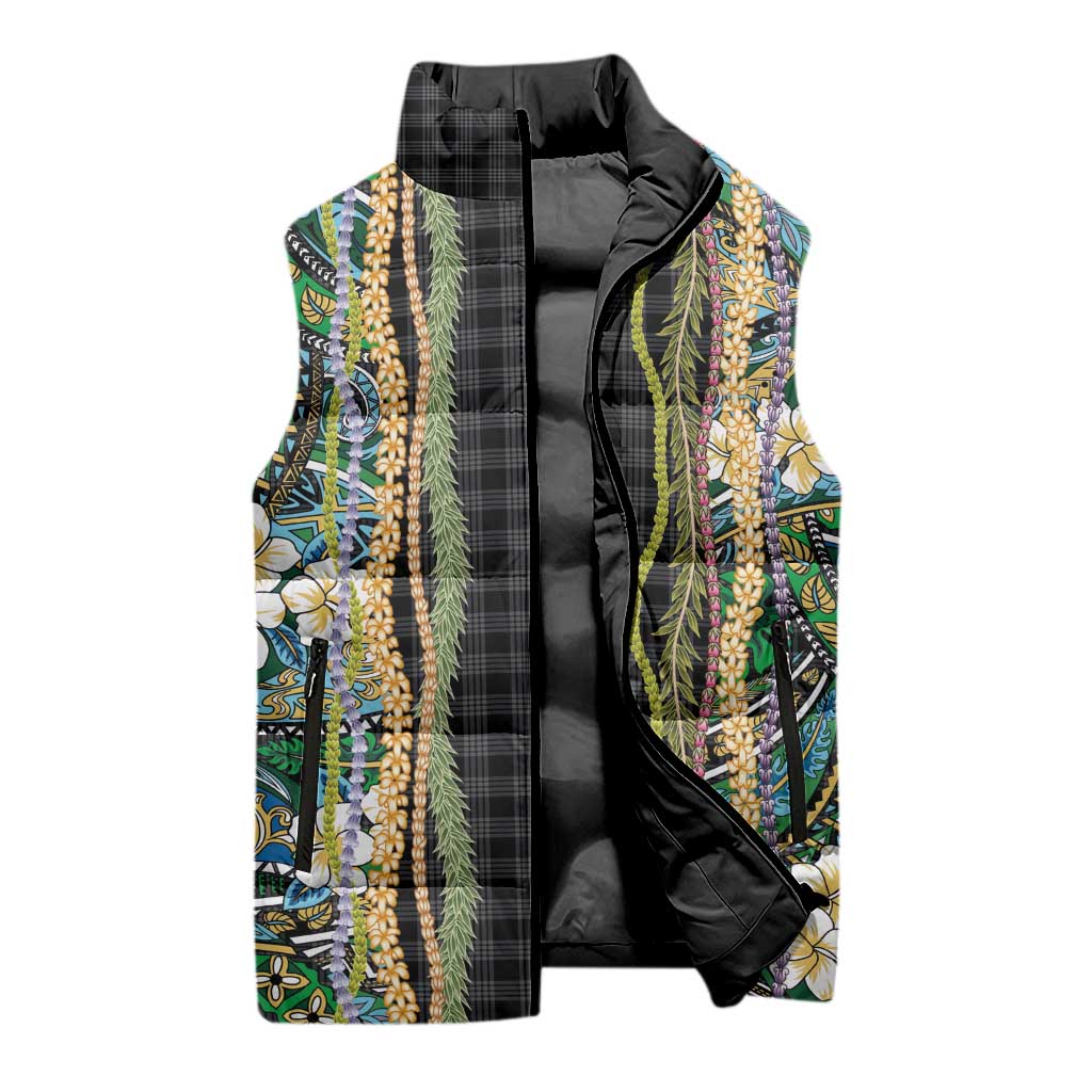 Hawaiian Art Flower Tribal with Lei Sleeveless Puffer Jacket Palaka Pattern Black Color LT03 - Polynesian Pride