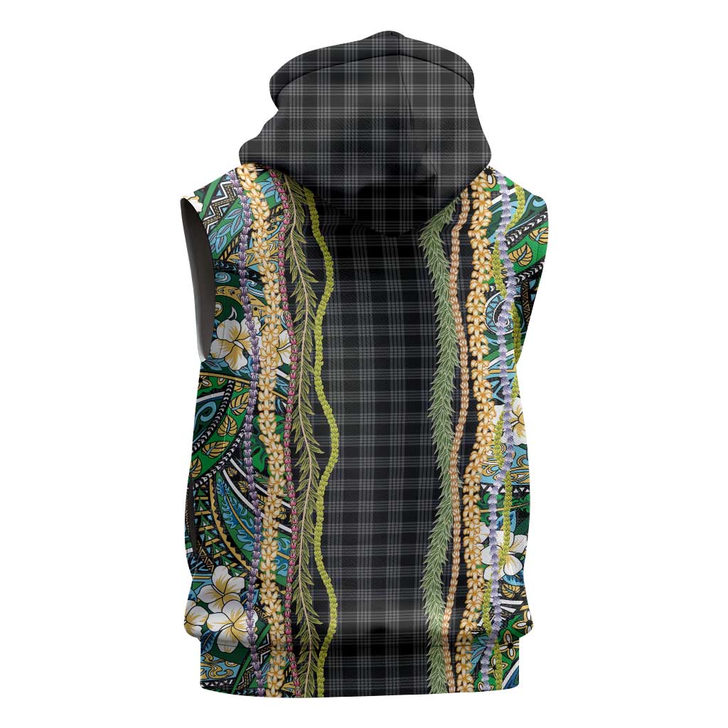 Hawaiian Art Flower Tribal with Lei Sleeveless Zip Hoodie Palaka Pattern Black Color LT03 - Polynesian Pride