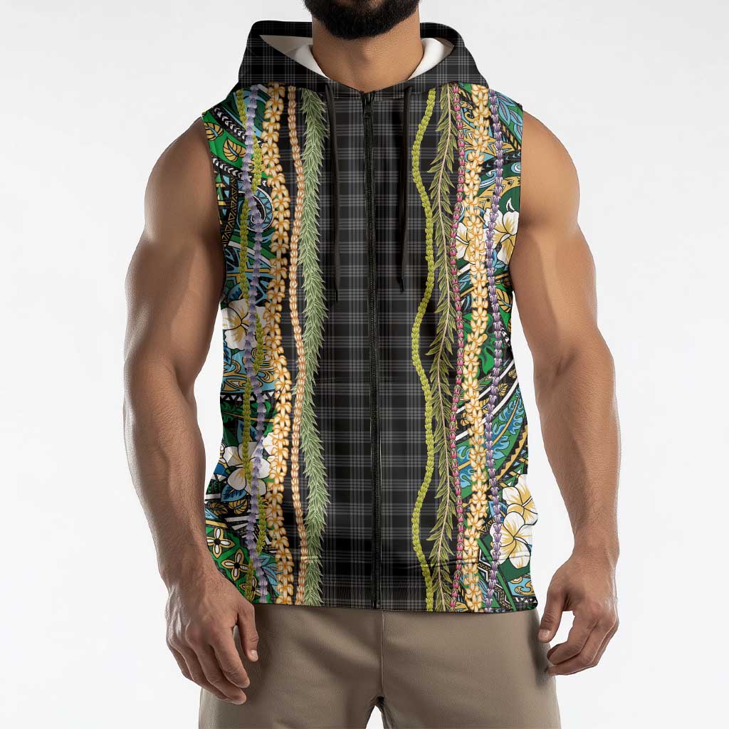 Hawaiian Art Flower Tribal with Lei Sleeveless Zip Hoodie Palaka Pattern Black Color LT03 - Polynesian Pride