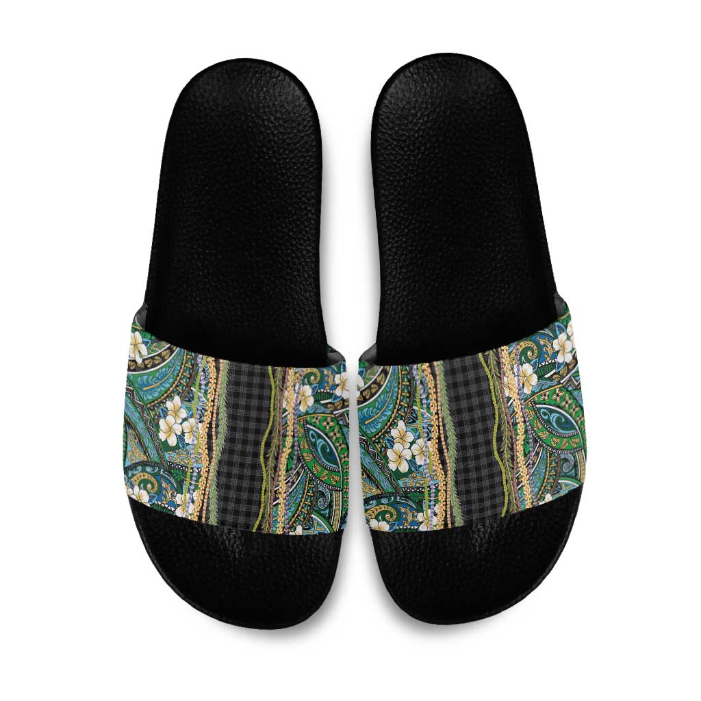 Hawaiian Art Flower Tribal with Lei Slide Sandals Palaka Pattern Black Color - Polynesian Pride