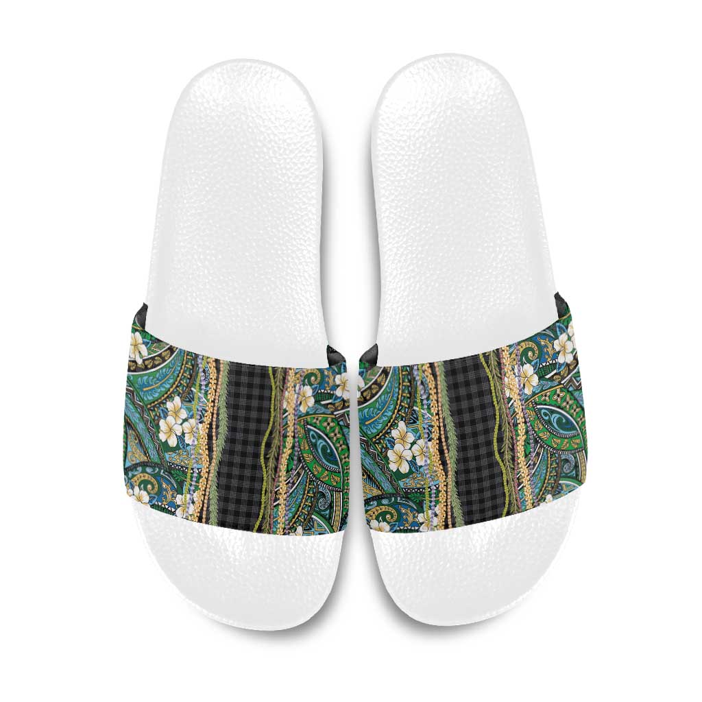 Hawaiian Art Flower Tribal with Lei Slide Sandals Palaka Pattern Black Color - Polynesian Pride