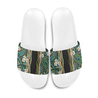 Hawaiian Art Flower Tribal with Lei Slide Sandals Palaka Pattern Black Color - Polynesian Pride