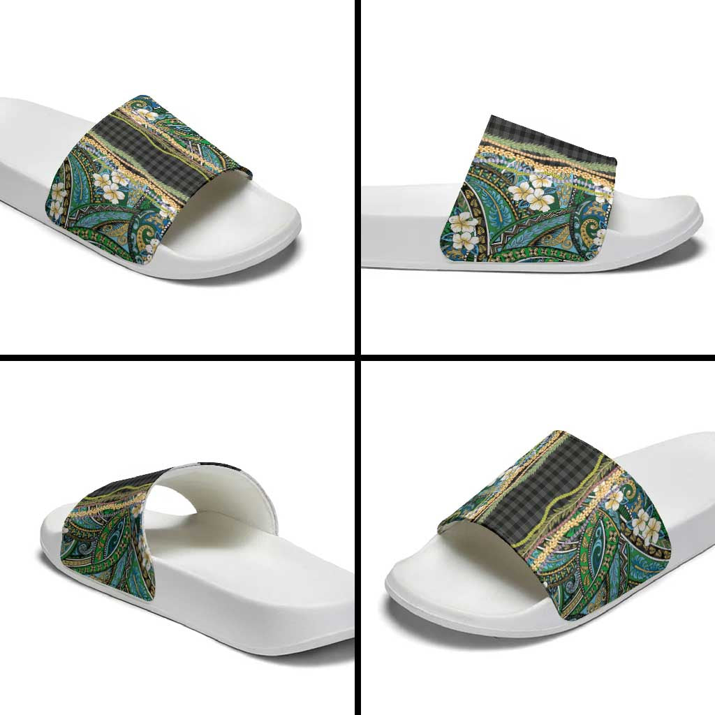 Hawaiian Art Flower Tribal with Lei Slide Sandals Palaka Pattern Black Color - Polynesian Pride