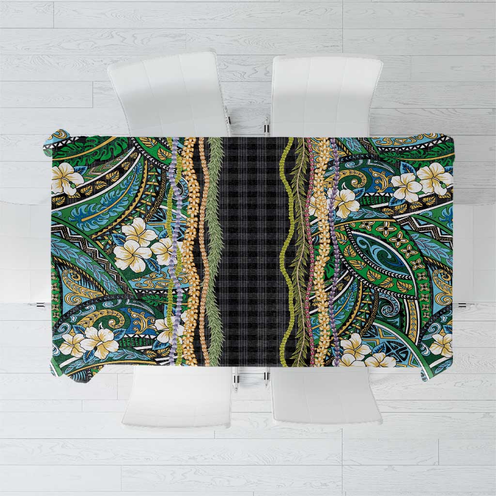 Hawaiian Art Flower Tribal with Lei Tablecloth Palaka Pattern Black Color LT03 Black - Polynesian Pride