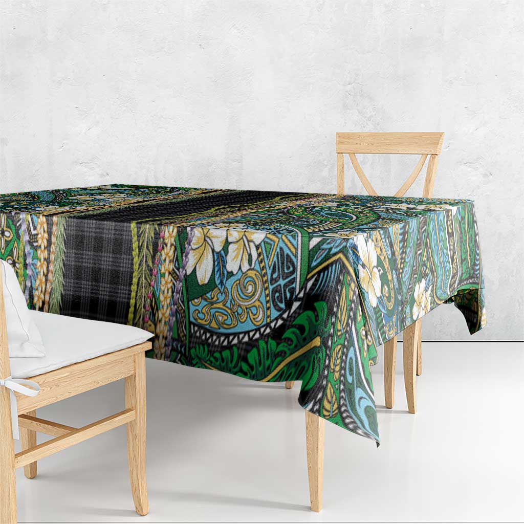 Hawaiian Art Flower Tribal with Lei Tablecloth Palaka Pattern Black Color LT03 - Polynesian Pride