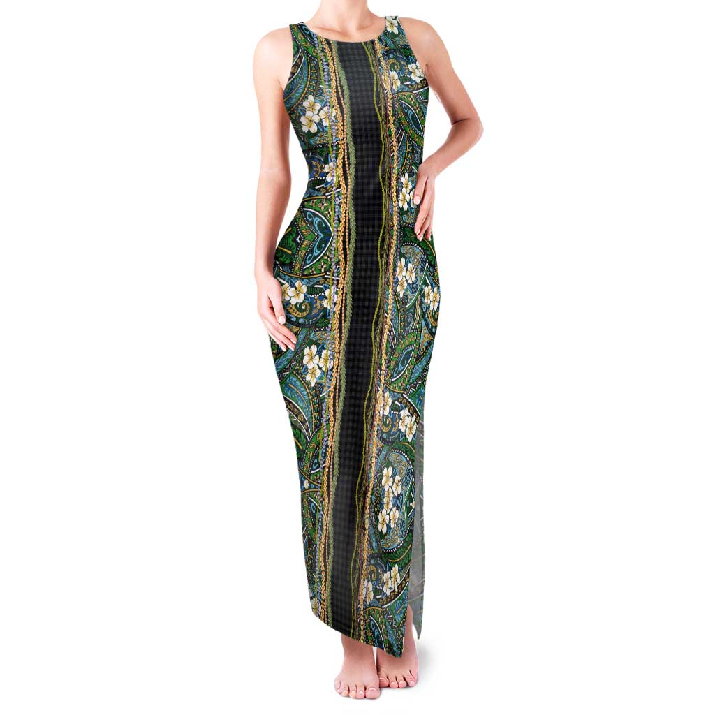 Hawaiian Art Flower Tribal with Lei Tank Maxi Dress Palaka Pattern Black Color - Polynesian Pride
