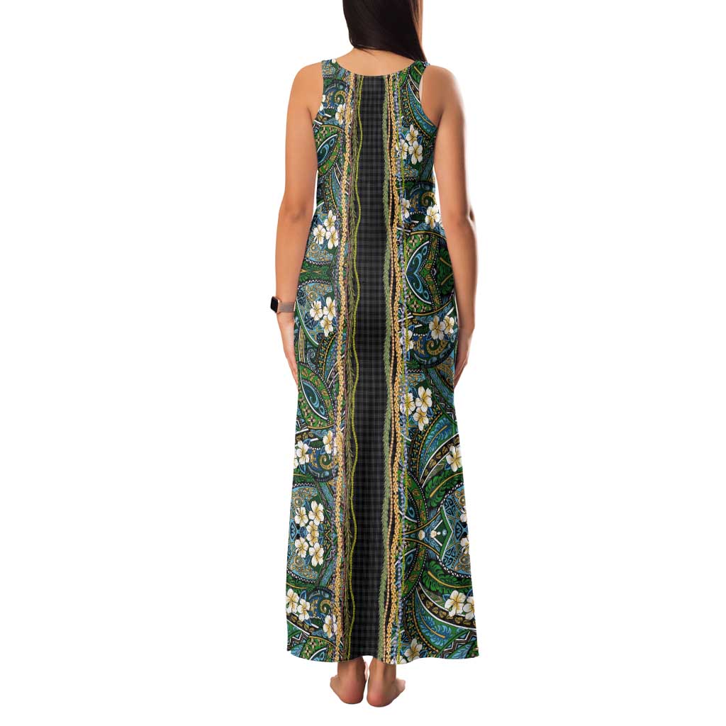 Hawaiian Art Flower Tribal with Lei Tank Maxi Dress Palaka Pattern Black Color - Polynesian Pride