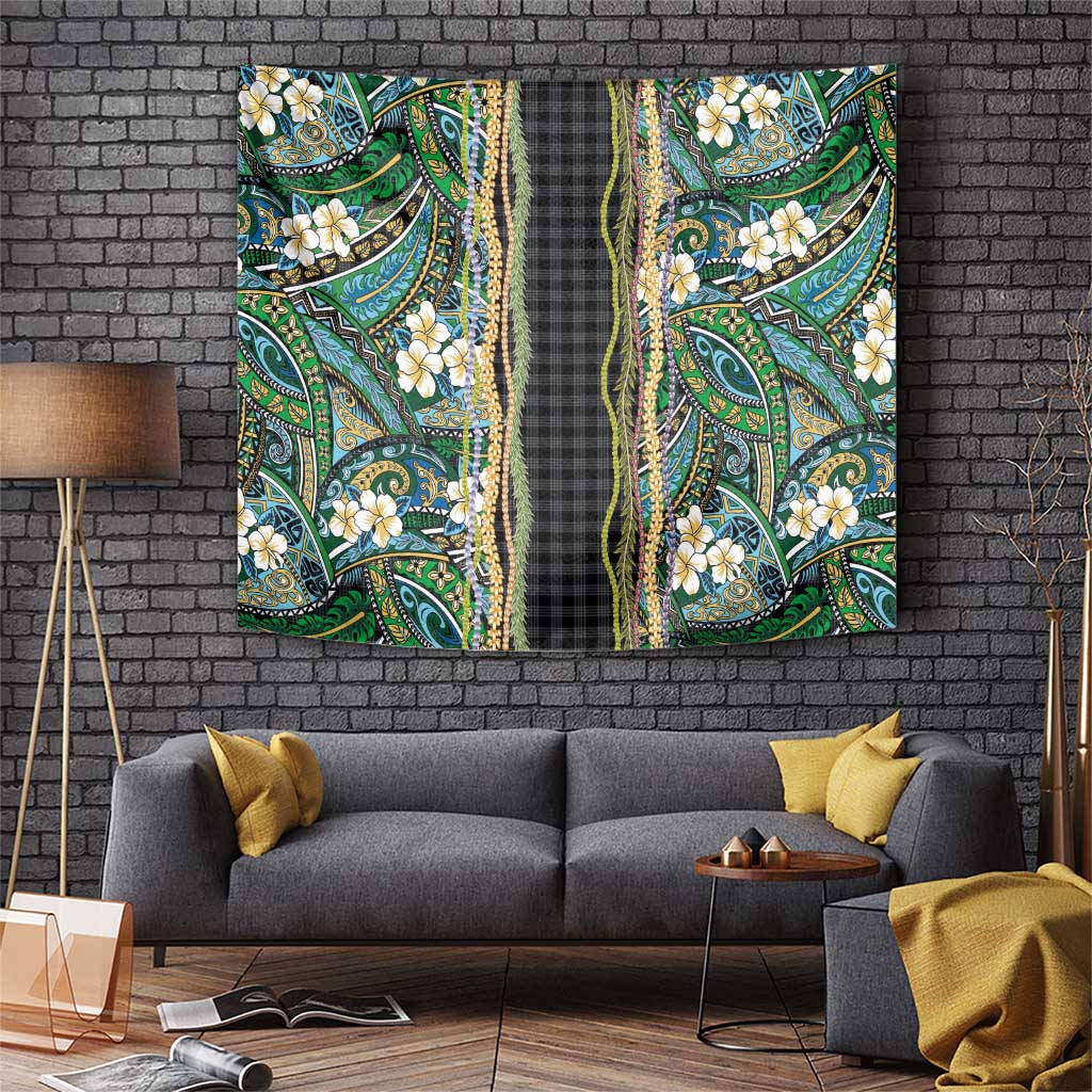 Hawaiian Art Flower Tribal with Lei Tapestry Palaka Pattern Black Color - Polynesian Pride