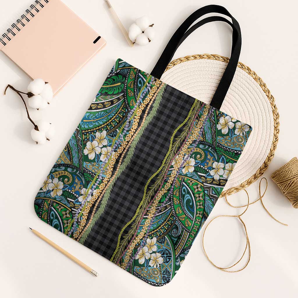 Hawaiian Art Flower Tribal with Lei Tote Bag Palaka Pattern Black Color - Polynesian Pride