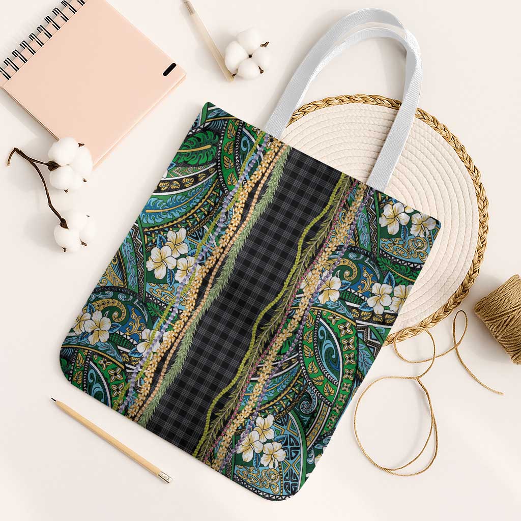 Hawaiian Art Flower Tribal with Lei Tote Bag Palaka Pattern Black Color - Polynesian Pride