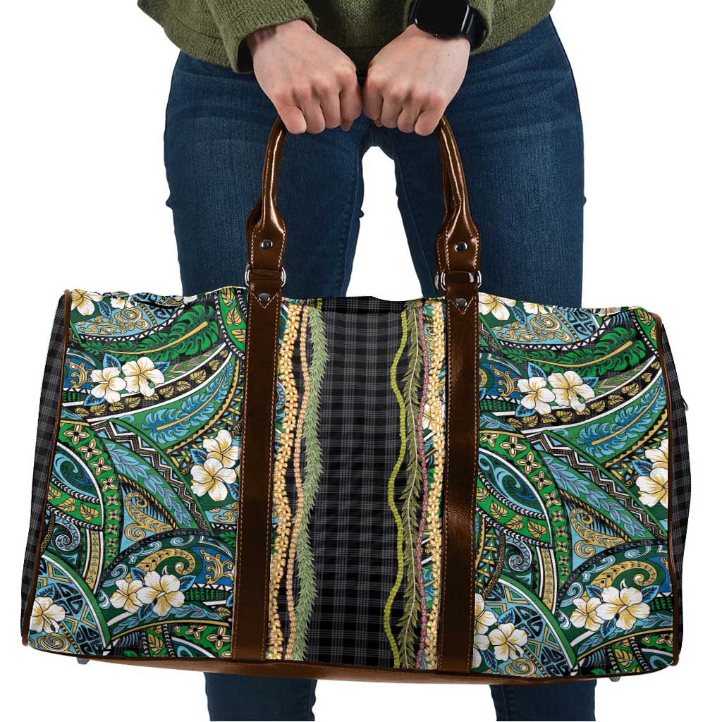 Hawaiian Art Flower Tribal with Lei Travel Bag Palaka Pattern Black Color - Polynesian Pride