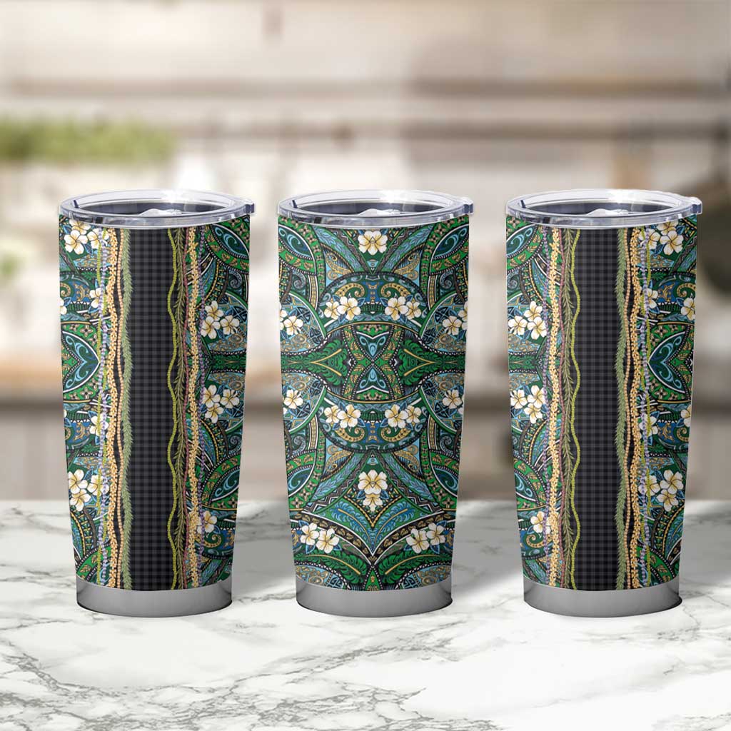 Hawaiian Art Flower Tribal with Lei Tumbler Cup Palaka Pattern Black Color - Polynesian Pride