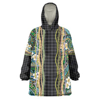 Hawaiian Art Flower Tribal with Lei Wearable Blanket Hoodie Palaka Pattern Black Color LT03 One Size Black - Polynesian Pride