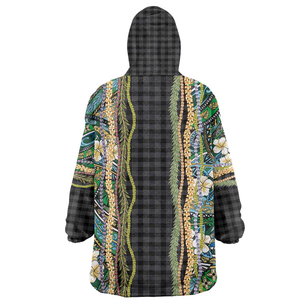 Hawaiian Art Flower Tribal with Lei Wearable Blanket Hoodie Palaka Pattern Black Color LT03 - Polynesian Pride