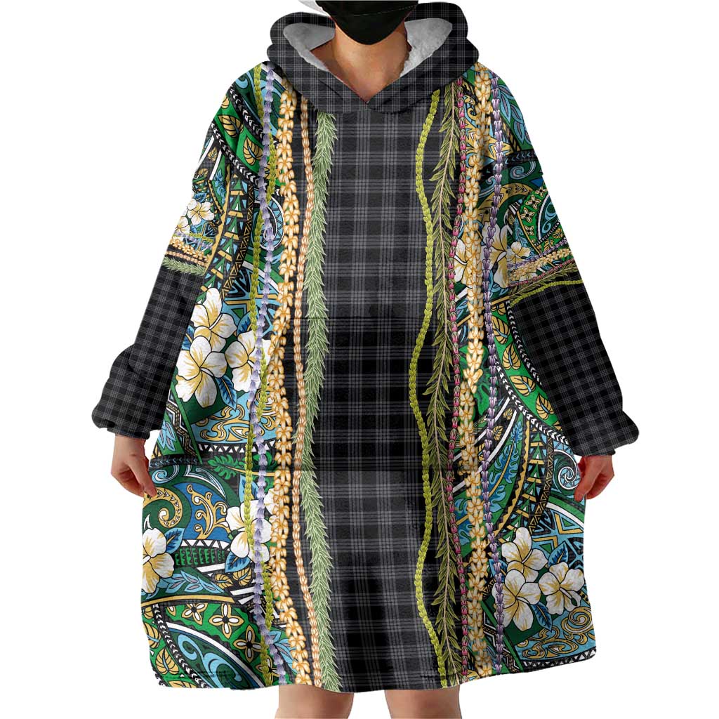 Hawaiian Art Flower Tribal with Lei Wearable Blanket Hoodie Palaka Pattern Black Color LT03 - Polynesian Pride