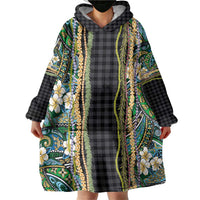 Hawaiian Art Flower Tribal with Lei Wearable Blanket Hoodie Palaka Pattern Black Color LT03 - Polynesian Pride