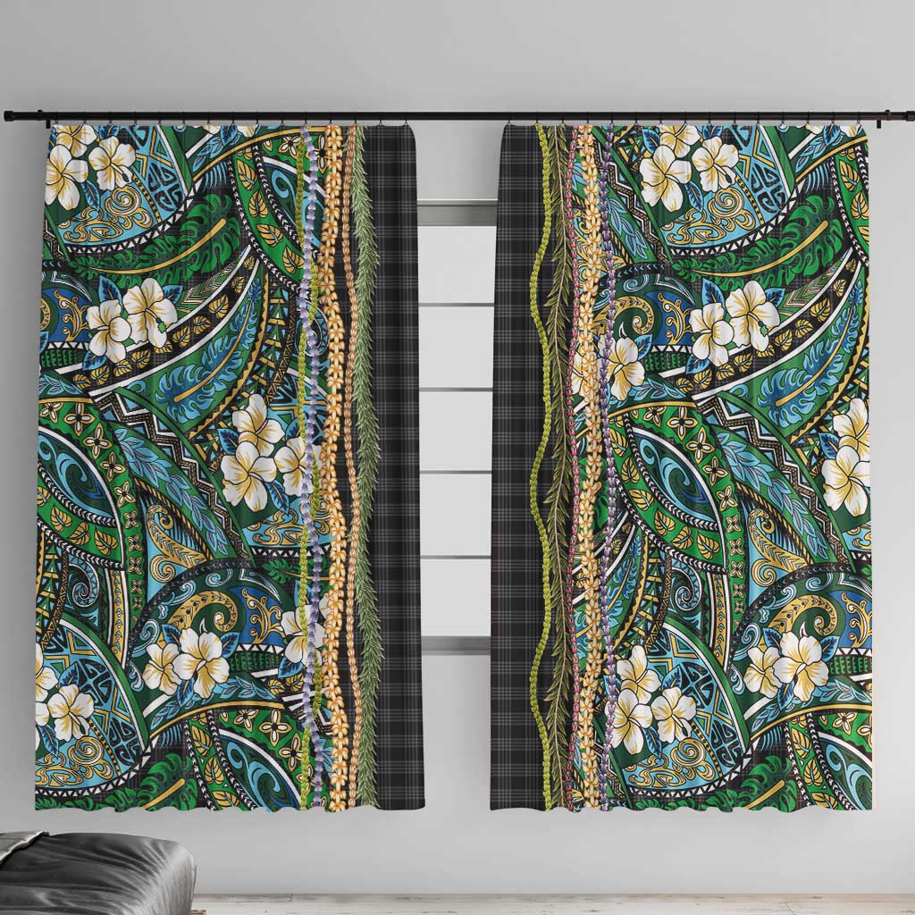Hawaiian Art Flower Tribal with Lei Window Curtain Palaka Pattern Black Color - Polynesian Pride