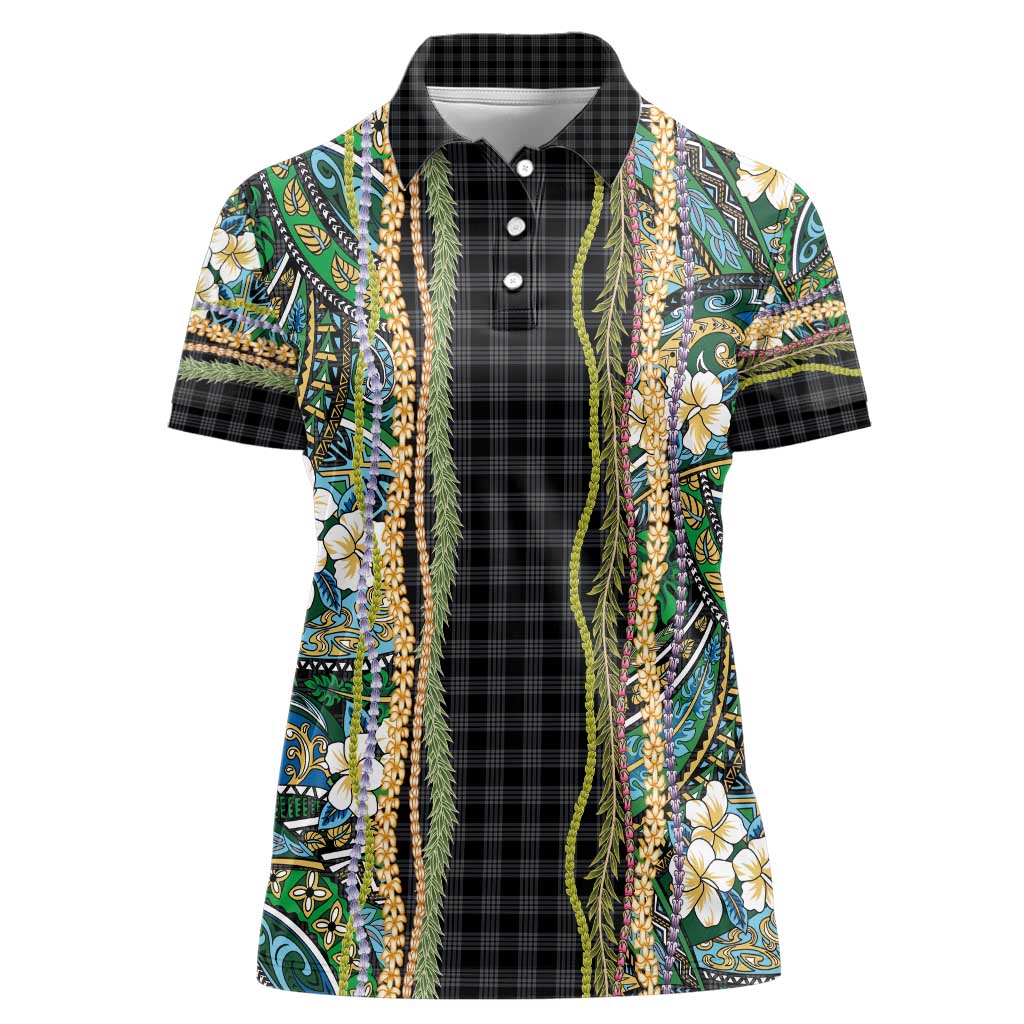 Hawaiian Art Flower Tribal with Lei Women Polo Shirt Palaka Pattern Black Color - Polynesian Pride
