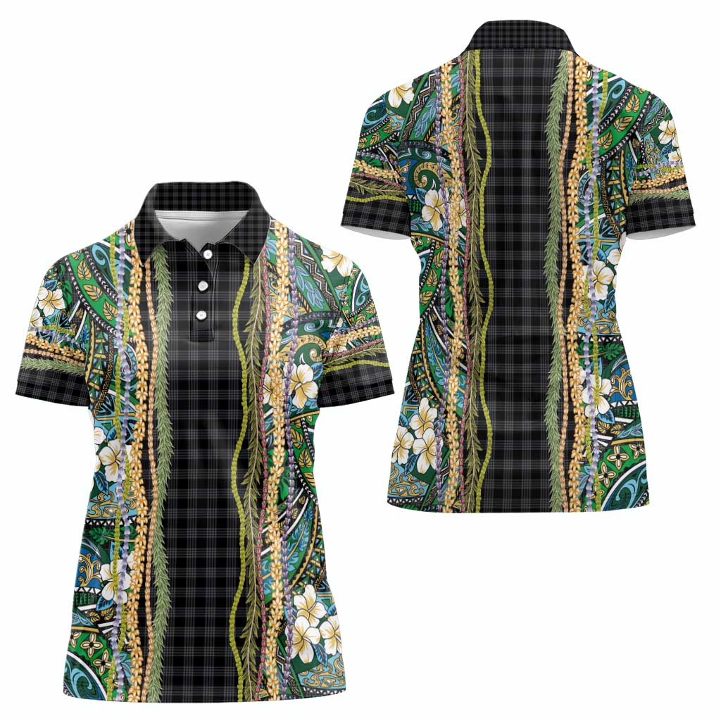 Hawaiian Art Flower Tribal with Lei Women Polo Shirt Palaka Pattern Black Color - Polynesian Pride