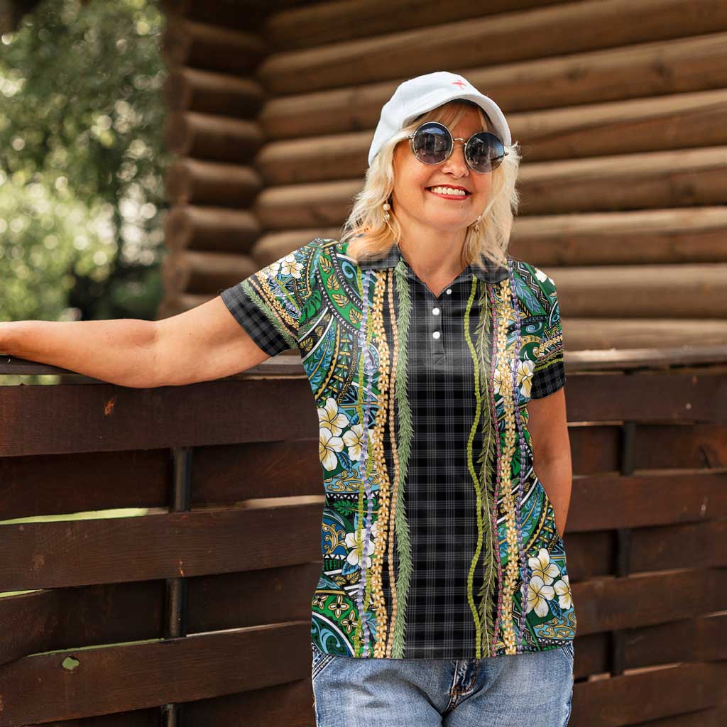 Hawaiian Art Flower Tribal with Lei Women Polo Shirt Palaka Pattern Black Color - Polynesian Pride